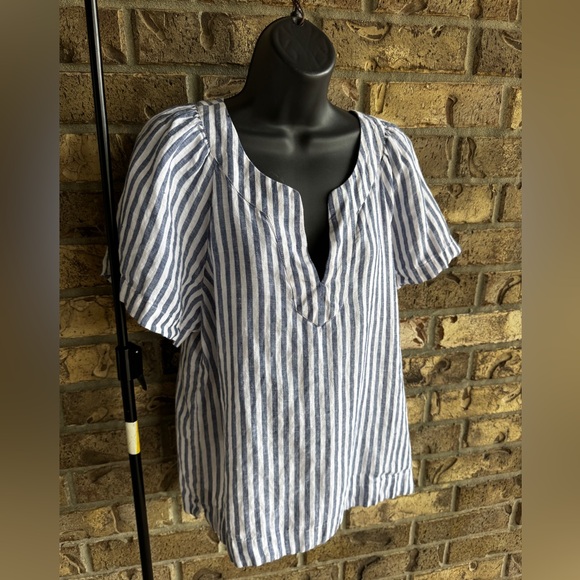 J. Crew Flutter-Sleeve Linen V-Neck Top Medium Blue White Stripe - Picture 5 of 14